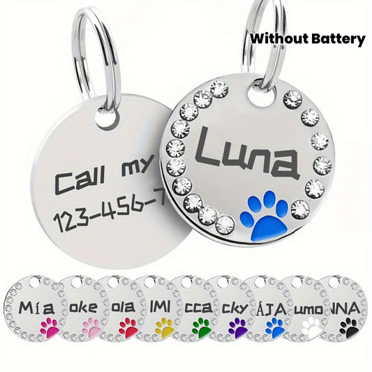 Médaille d'identification ronde personnalisée pour chien, avec diamants et motif de patte disponible en diverses couleurs