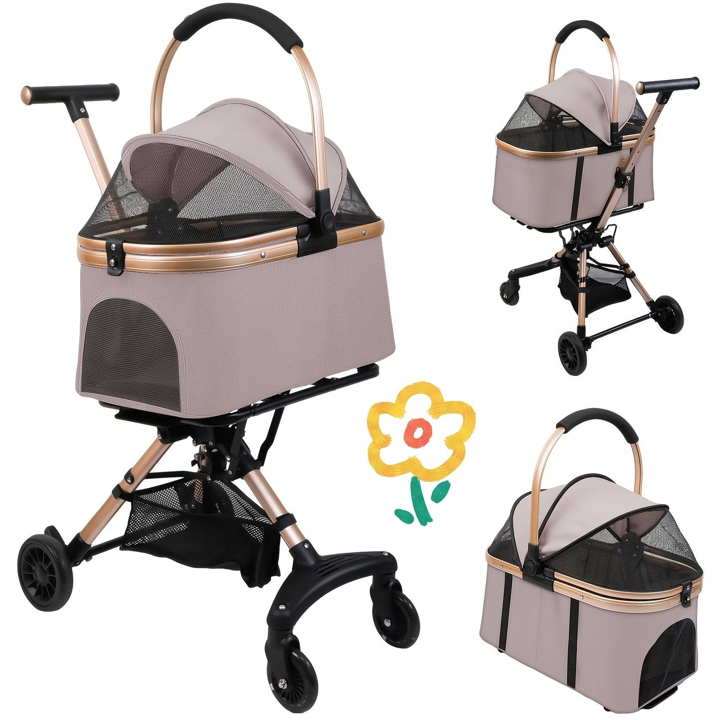 Poussette pliable et confortable, conception entièrement fermée et respirante. Elle est dotée d'un système de pliage à un seul bouton, de roues pivotantes à 360° et de roues directionnelles pour un double plaisir. Diverses couleurs
