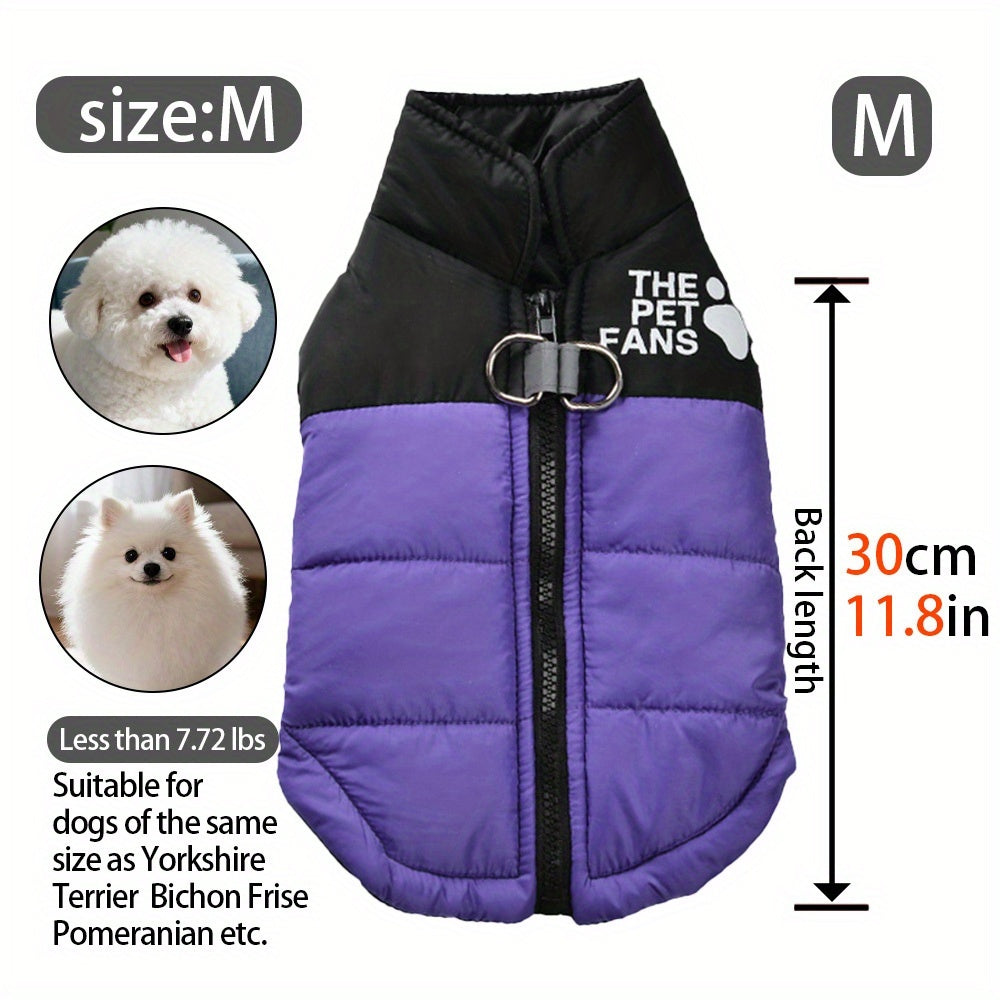 Manteau chaud pour chien avec 2 anneaux intégrés pour pouvoir partir en balade en toute sécurité, fermeture éclair pour un enfilage facile, diverses couleurs