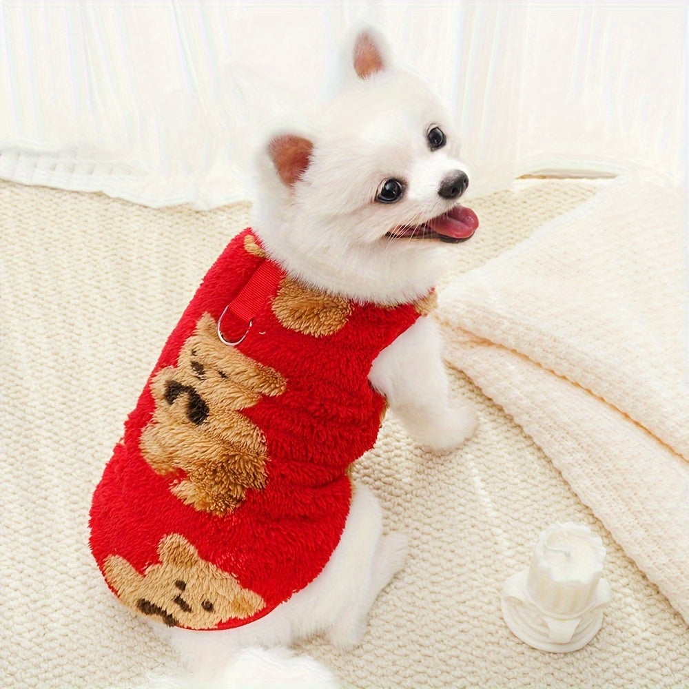 Pull chaud avec motif de petits ours, en peluche tout doux, pour petits chiens, rouge