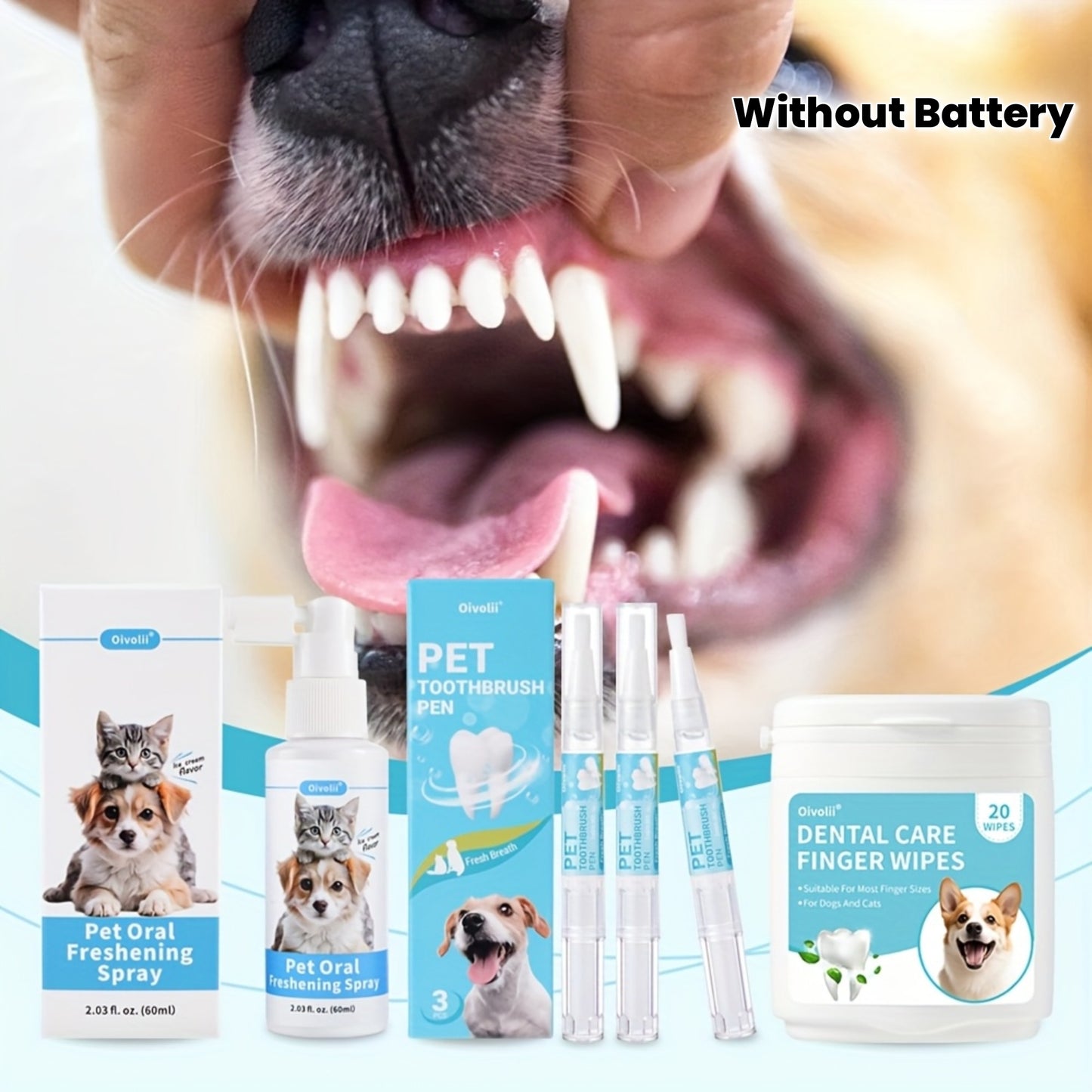Ensemble de soins bucco-dentaires pour chiens et chats, 5 pièces comprenant un spray dentaire 2 en 1, un stylo de nettoyage dentaire, 20 lingettes dentaires, rafraîchit la bouche de votre animal