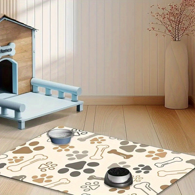 Tapis d'alimentation pour chien, mignon avec motif de pattes et d'os, beige