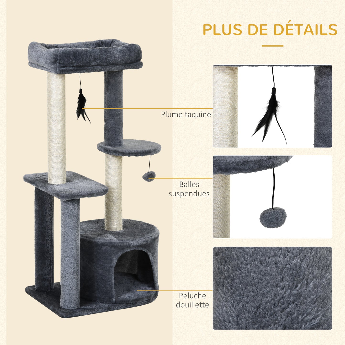 Arbre à chat avec poteaux à griffer, plateforme de nidification et peluche, 2 jouets suspendus et 1 cachette fermée, gris