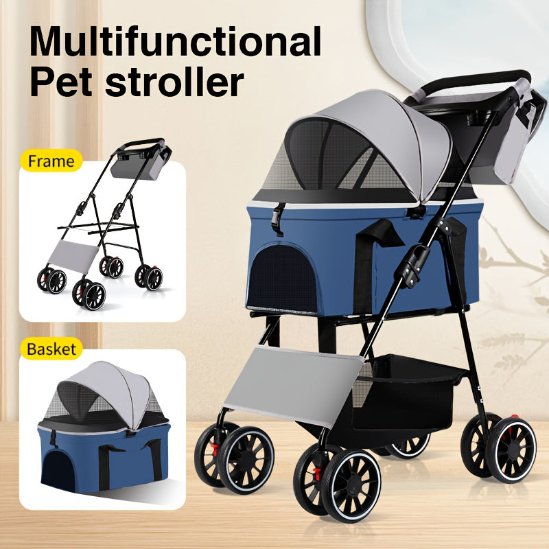 Poussette pour chien et chat 3 en 1, multifonctionnelle avec 4 doubles roues, tout terrain, panier amovible, pliable et compacte, en maille respirante, diverses couleurs