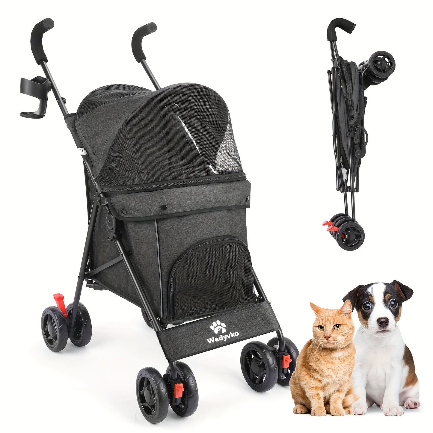 Poussette pour chien et chat 2 en 1, multifonctionnelle avec 4 doubles roues, tout terrain, panier amovible, pliable et compacte, en maille respirante, diverses couleurs