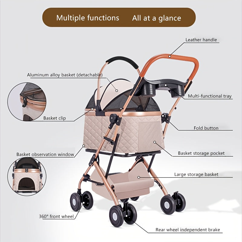 Poussette pour chien et chat 2 en 1, multifonctionnelle avec 4 doubles roues, tout terrain, panier amovible, pliable et compacte, en maille respirante, diverses couleurs