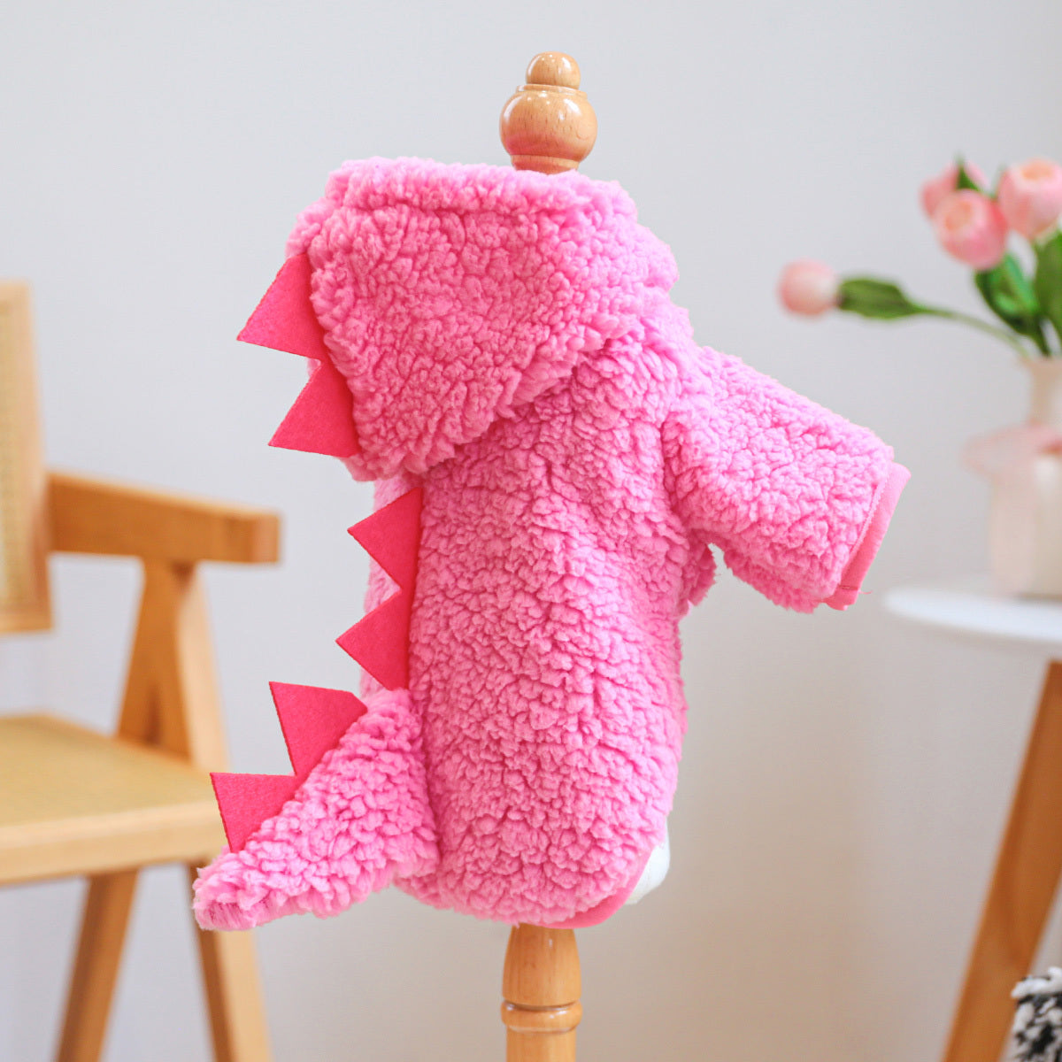 Sweat à capuche épais doublé en peluche rose en forme de petit dinosaure, pour chiens de petites tailles