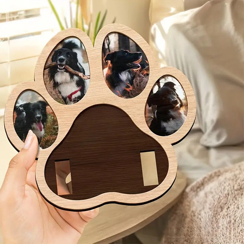 Cadre photos commémoratif avec support, en bois plat 2D, en forme de patte de chien - disposition de 4 photos + emplacement pour mettre le collier de votre animal disparu