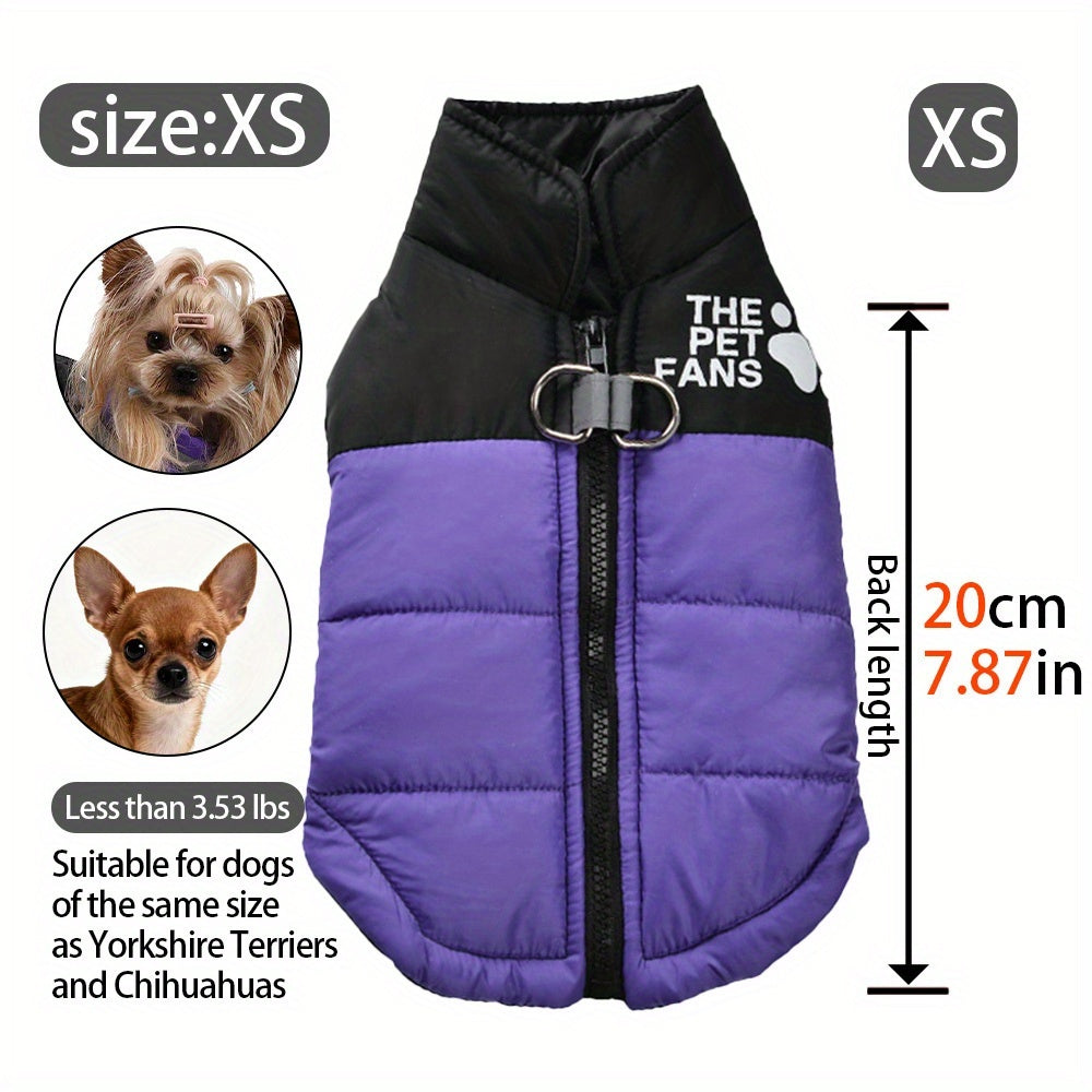 Manteau chaud pour chien avec 2 anneaux intégrés pour pouvoir partir en balade en toute sécurité, fermeture éclair pour un enfilage facile, diverses couleurs