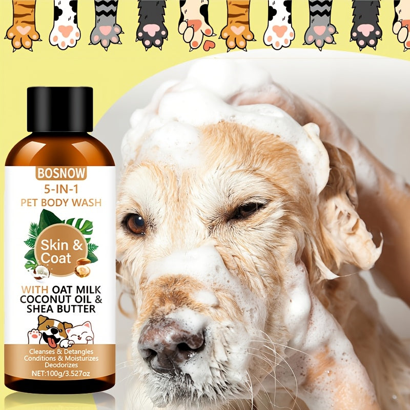 Gel douche 5 en 1 pour animaux, nettoyage doux à l'avoine, à l'huile de coco et au beurre de karité, parfum rafraîchissant, soin des poils, pelage lisse et brillant, facile à peigner, douceur longue durée - Convient à tous les animaux, stade adulte