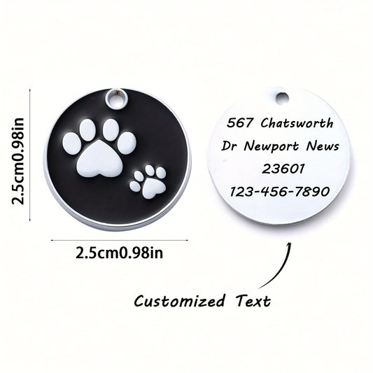 Médaille d'identification personnalisée pour chien, ronde avec motif de pattes sur l'avant, diverses couleurs