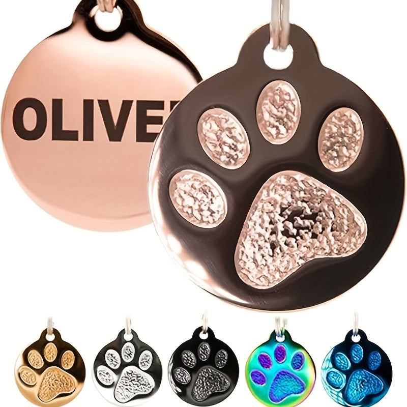 Médaille personnalisée pour chien, ronde avec une patte gravée sur la face avant, diverses couleurs