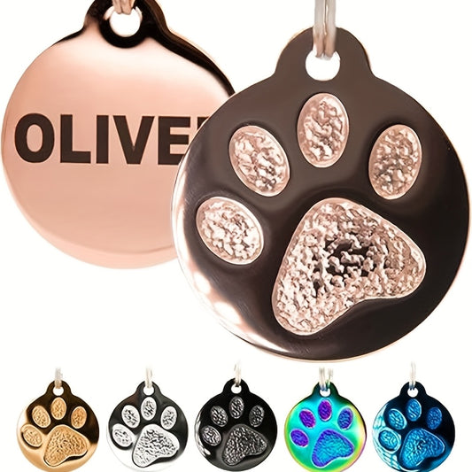 Médaille personnalisée pour chien, ronde avec une patte gravée sur la face avant, diverses couleurs