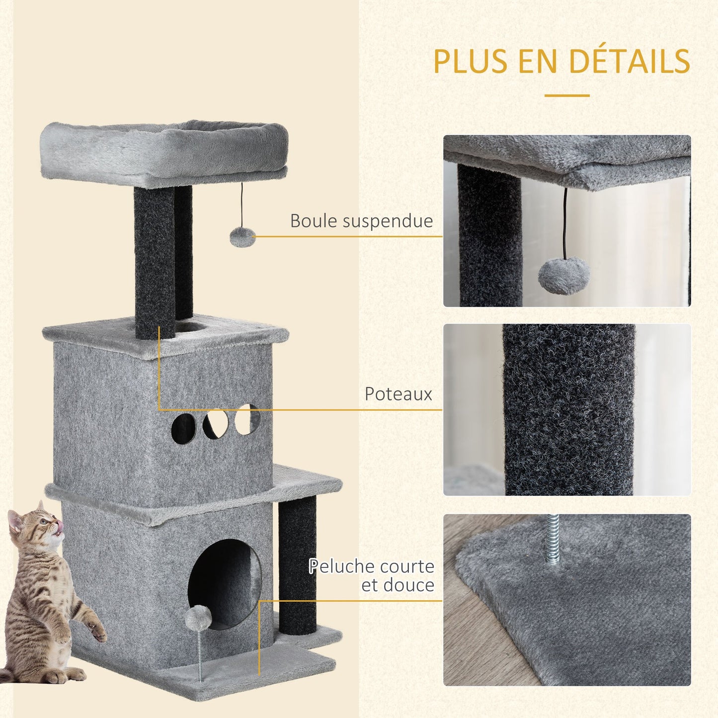 Arbre à chat avec nids, plateformes, lit, balles, feutre lavable et amovible, peluche courte, gris