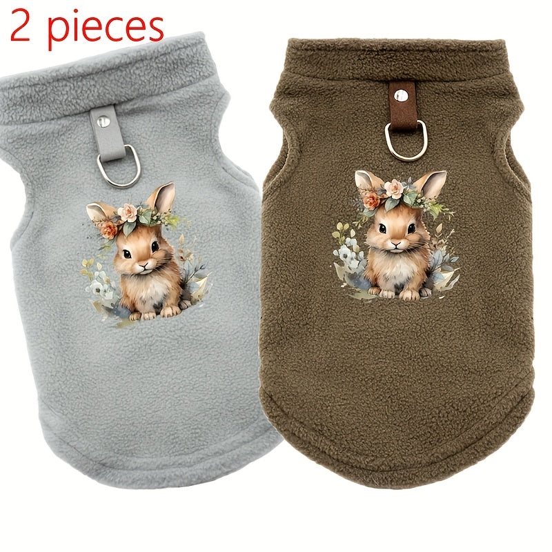 Ensemble de 2 gilets pour chiens avec adorable imprimé lapin pour Pâques, polaire doux et chaud, facile à enfiler
