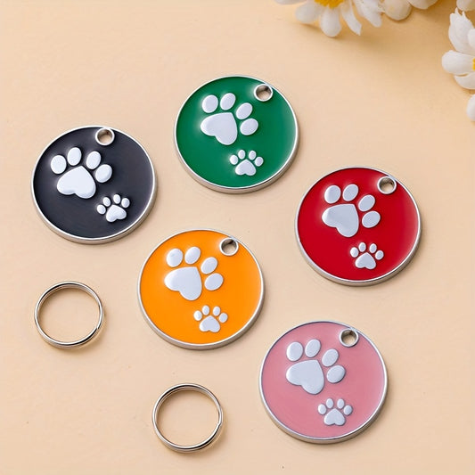 Médaille d'identification personnalisée pour chien, ronde avec motif de pattes sur l'avant, diverses couleurs