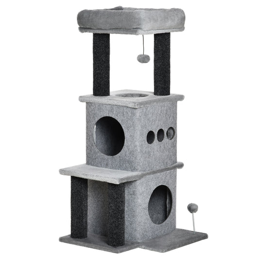 Arbre à chat avec nids, plateformes, lit, balles, feutre lavable et amovible, peluche courte, gris