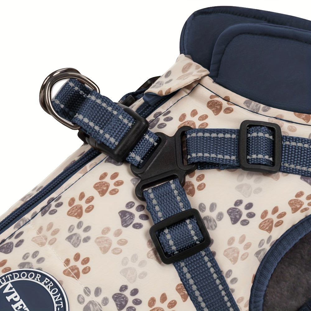 Manteau pour chien, doublé d'un polaire pour garder votre compagnon au chaud, harnais intégré ajustable, bandes réfléchissantes, motif de pattes, diverses couleurs