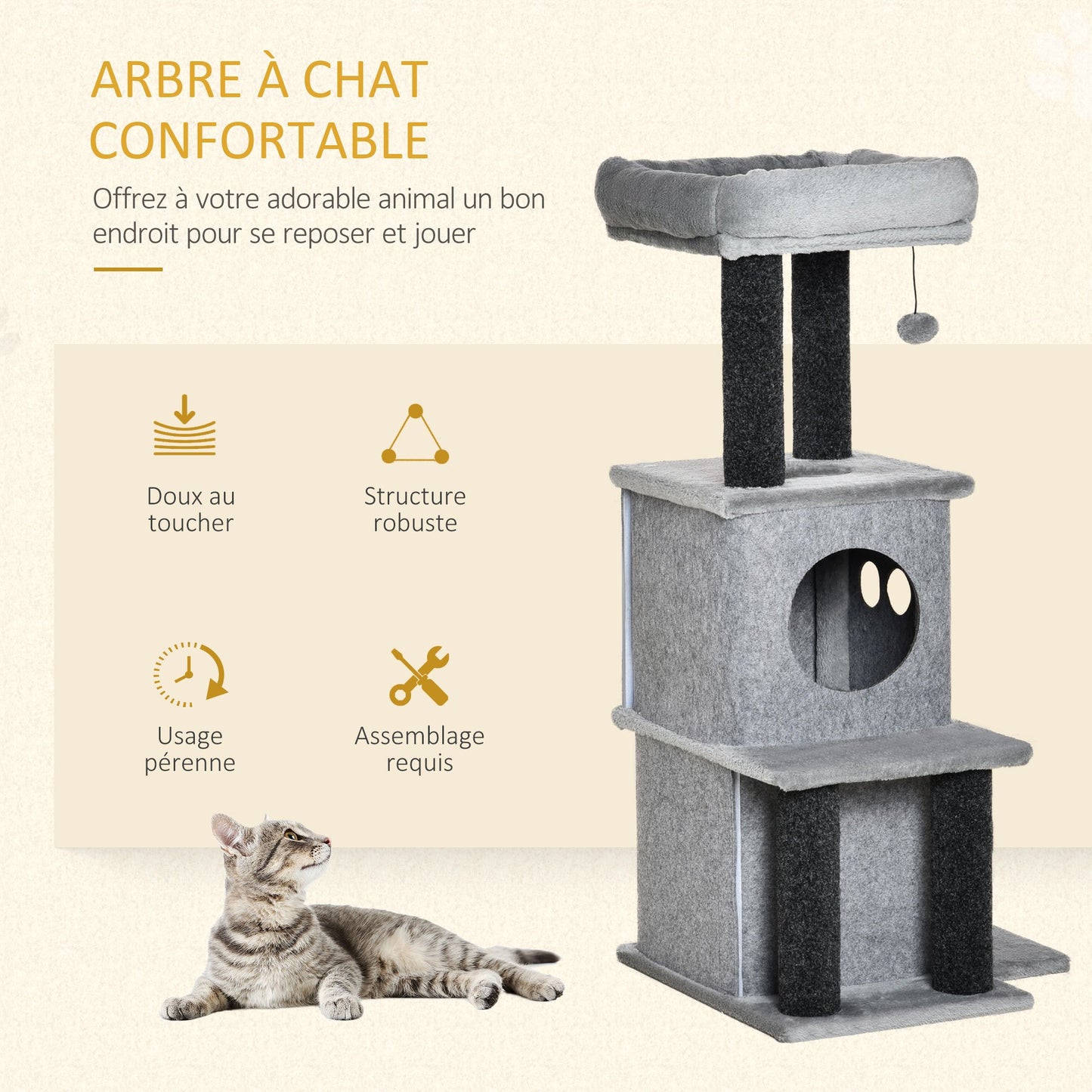 Arbre à chat avec nids, plateformes, lit, balles, feutre lavable et amovible, peluche courte, gris