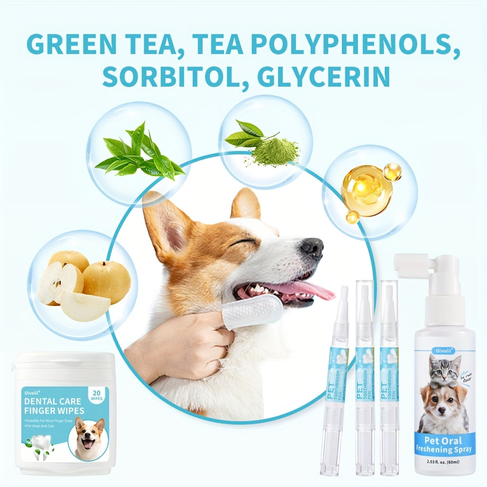 Ensemble de soins bucco-dentaires pour chiens et chats, 5 pièces comprenant un spray dentaire 2 en 1, un stylo de nettoyage dentaire, 20 lingettes dentaires, rafraîchit la bouche de votre animal