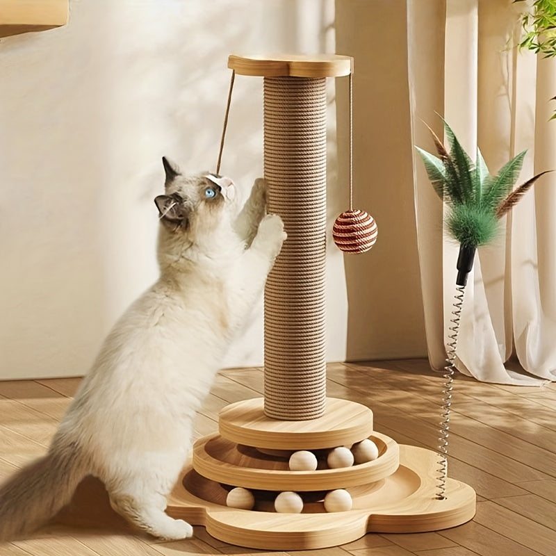 Combinaison griffoir et jouet pour chat avec un design rotatif à 360°, comprenant un griffoir, un poteau à double usage, des balles et des plumes artificielles, les couleurs peuvent varier