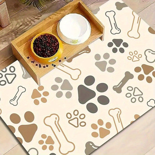 Tapis d'alimentation pour chien, mignon avec motif de pattes et d'os, beige