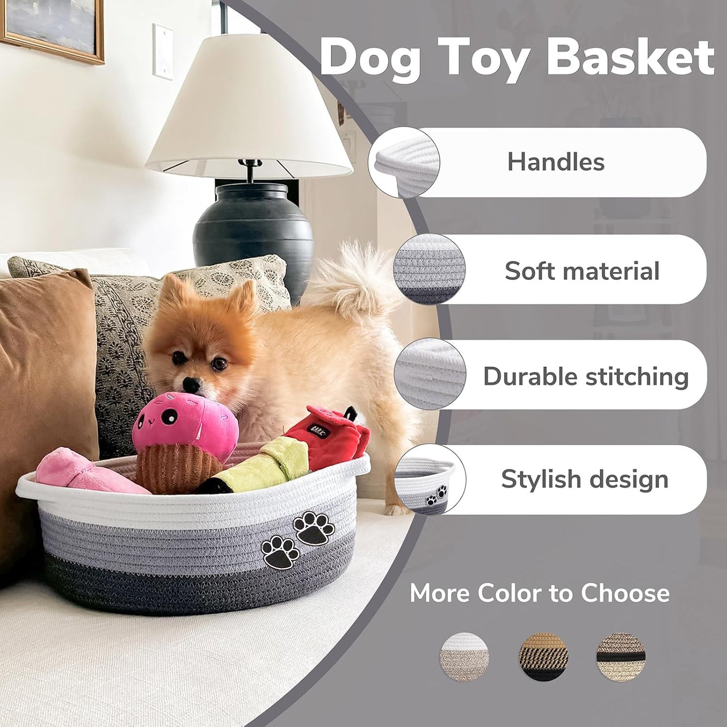 Panier à jouets pour chien, tricolore avec motif de pattes, diverses couleurs