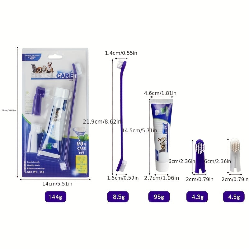 Kit pour soins bucco-dentaires comprenant : brosses à dents, dentifrice, embouts pour doigts et brosses de toilettage. Pour chats et chiens