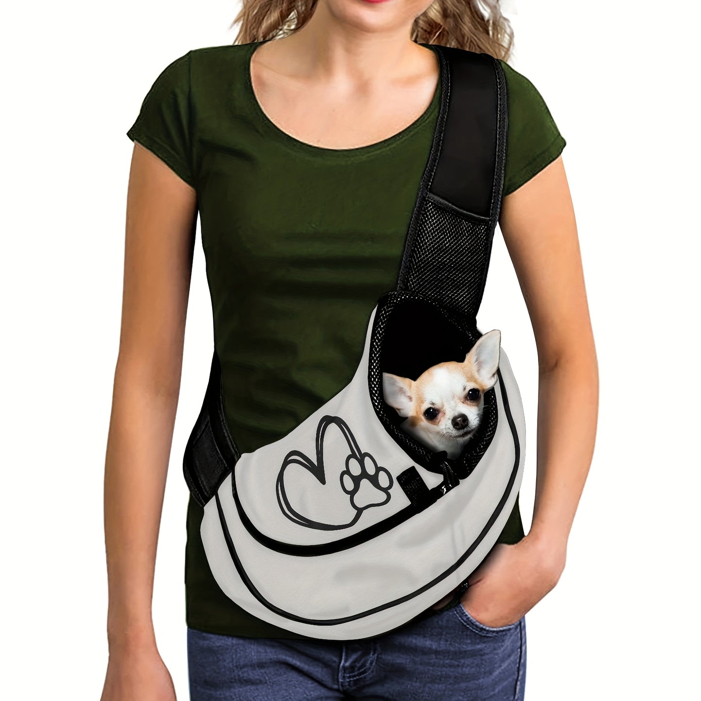 Sac de transport en bandoulière pour petit chien, motif cœur et patte, diverses couleurs