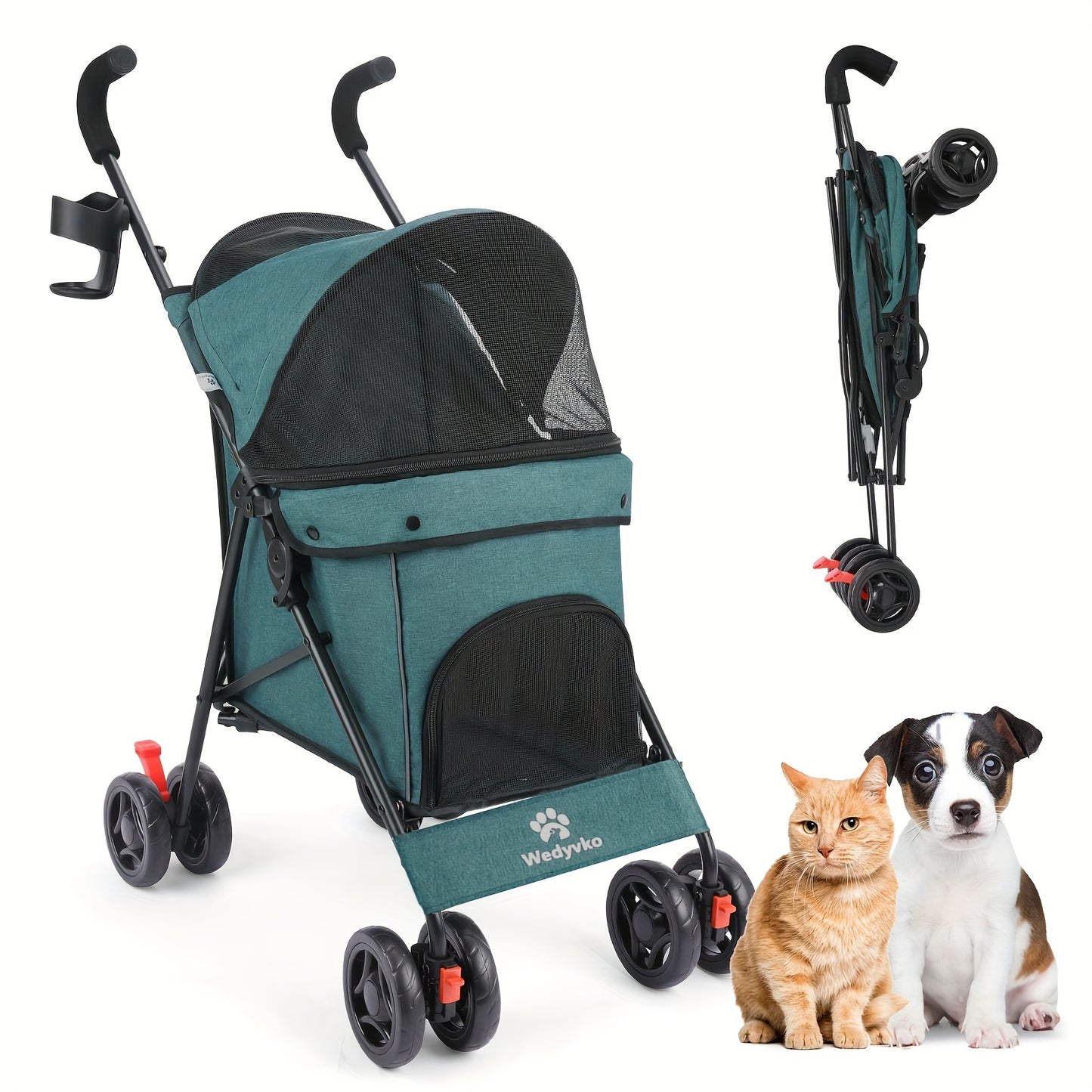 Poussette pour chien et chat 2 en 1, multifonctionnelle avec 4 doubles roues, tout terrain, panier amovible, pliable et compacte, en maille respirante, diverses couleurs