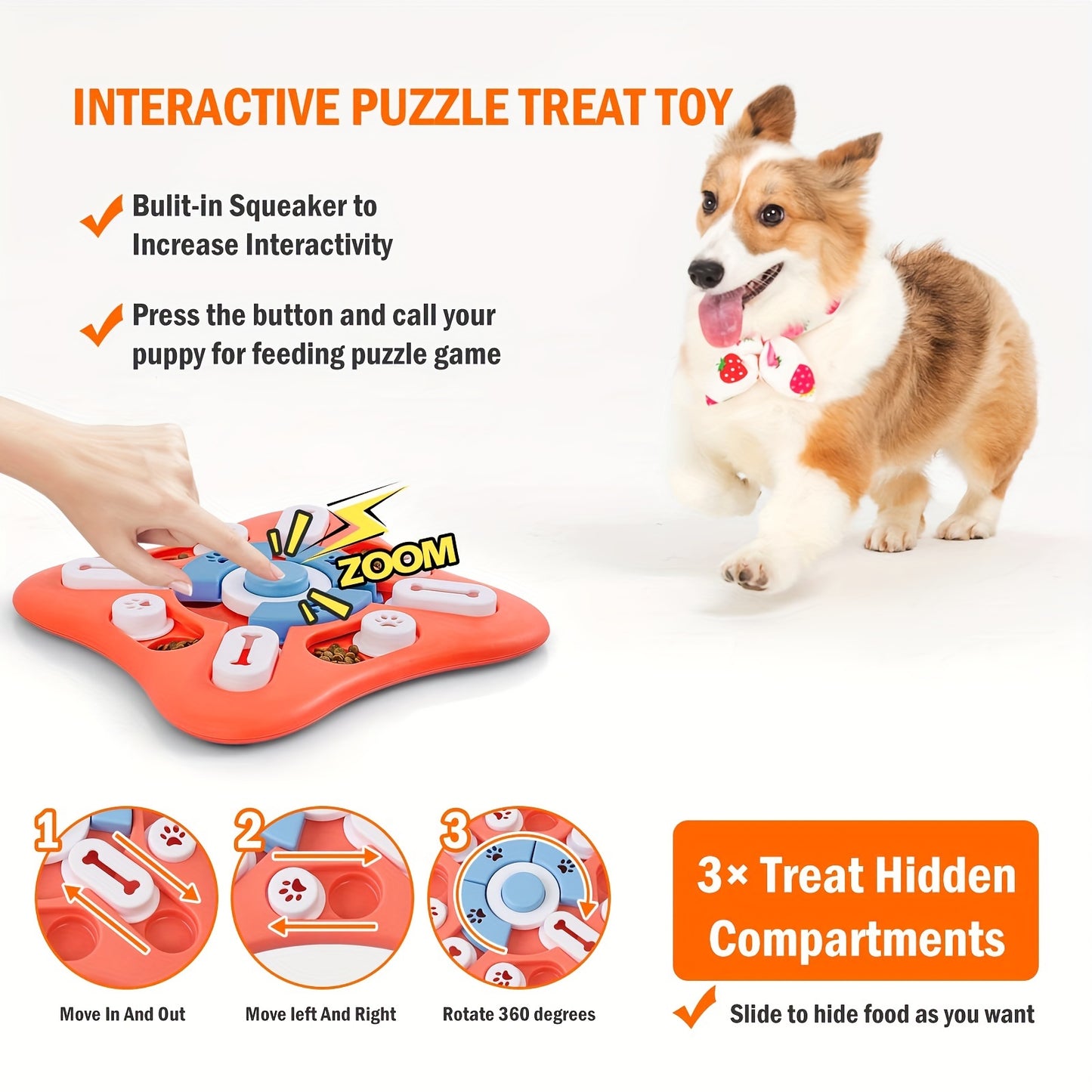 Jouet interactif pour chiens, pour entraîner leur QI et stimuler leur esprit - Jeu enrichissant en plastique durable, sans piles, distribuant des friandises - Compartiments coulissants et pièces rotatives attrayants pour s'amuser