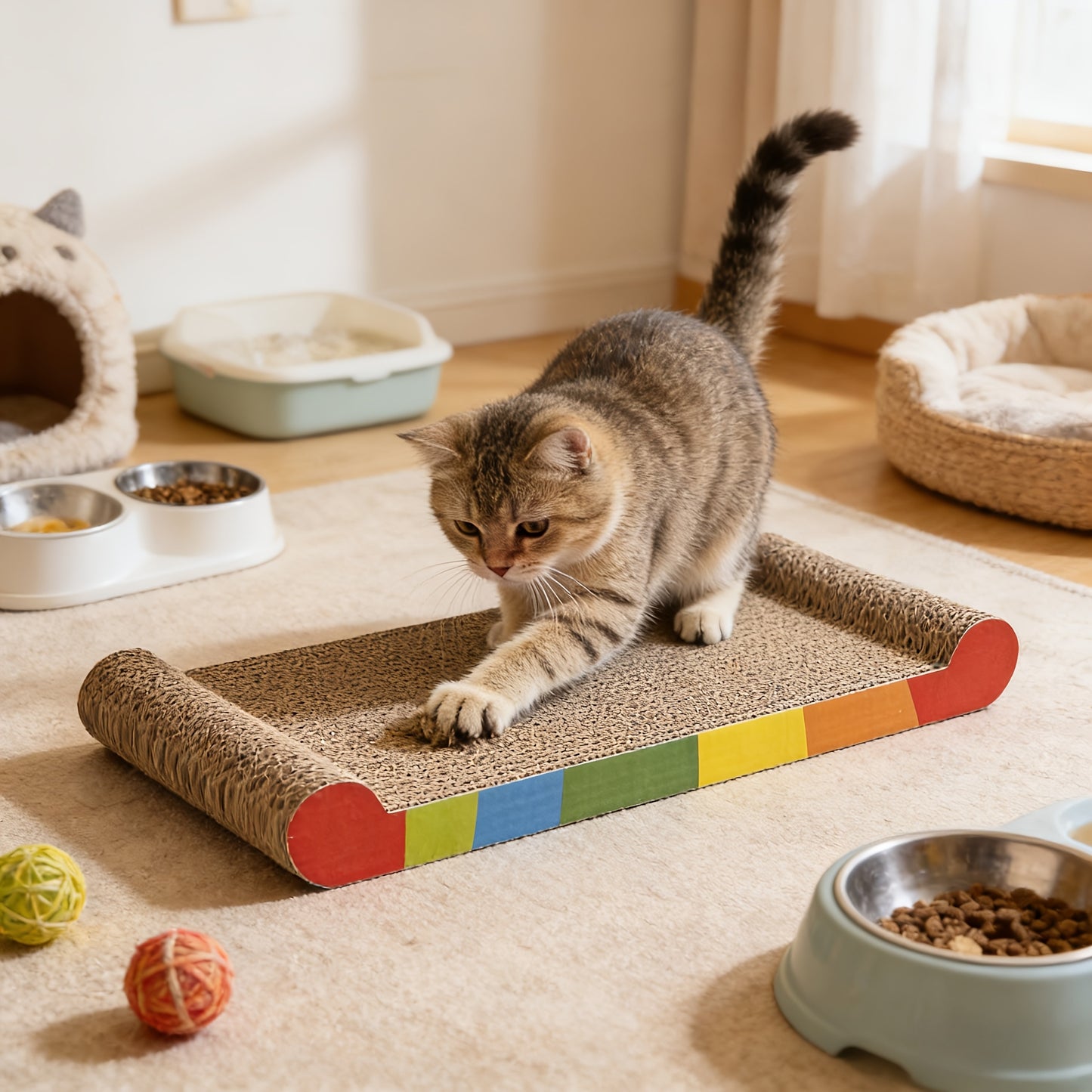 Tapis griffoir pour chat - Carton, jeu, repos et griffage tout-en-un, arc-en-ciel