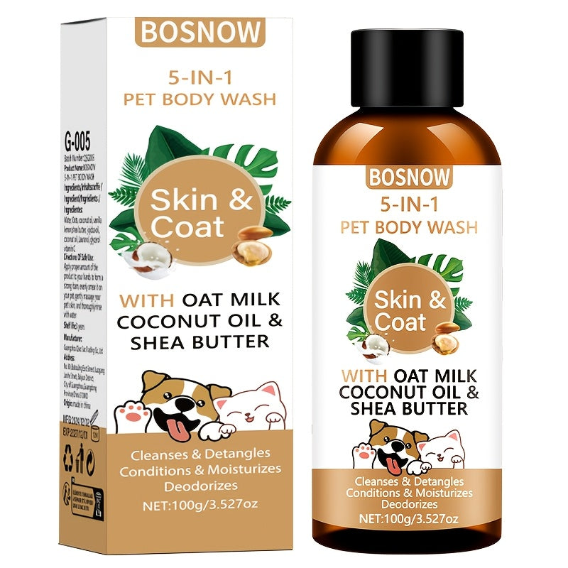 Gel douche 5 en 1 pour animaux, nettoyage doux à l'avoine, à l'huile de coco et au beurre de karité, parfum rafraîchissant, soin des poils, pelage lisse et brillant, facile à peigner, douceur longue durée - Convient à tous les animaux, stade adulte