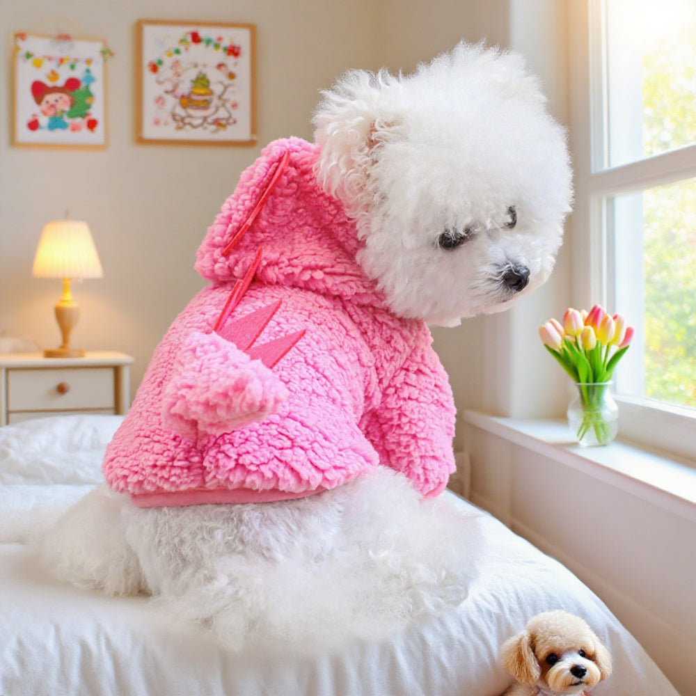 Sweat à capuche épais doublé en peluche rose en forme de petit dinosaure, pour chiens de petites tailles