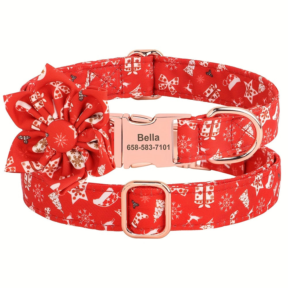 Colliers personnalisés pour chiens de petite, moyenne et grande taille - Motifs floraux personnalisables, design à carreaux, ajustables, résistants, plaque d'identification, nom de l'animal, idée cadeau - Parfaits pour Noël et les fêtes de fin d'année