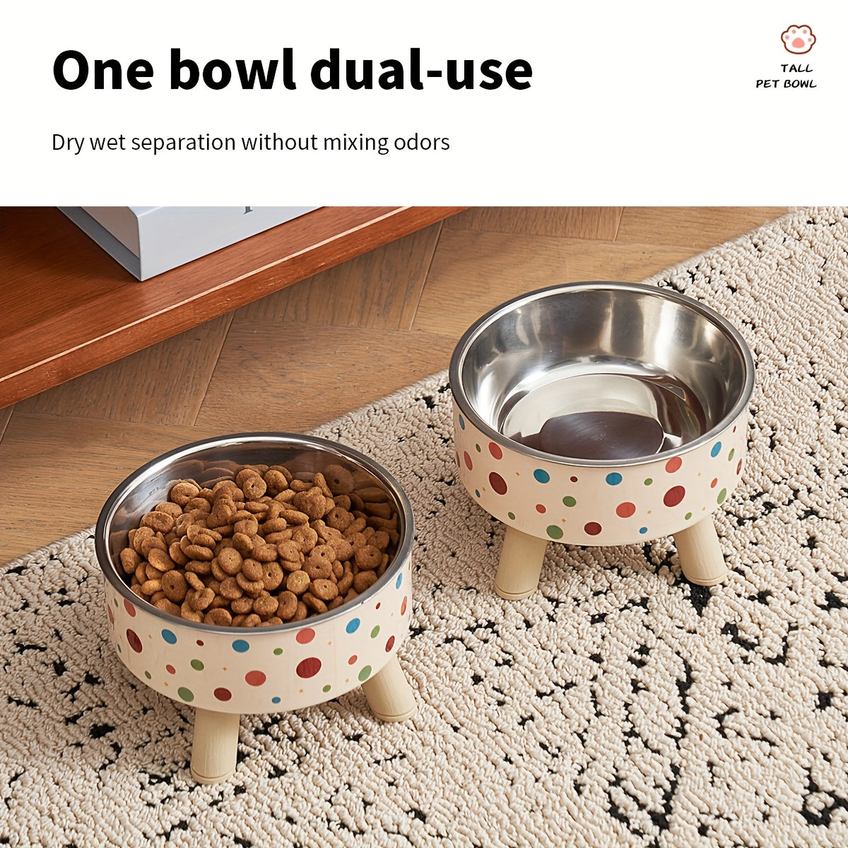 Gamelle surélevée pour chien et chat, grande capacité, antidérapante, conception ergonomique pour un repas confortable en hauteur, beige à petits pois