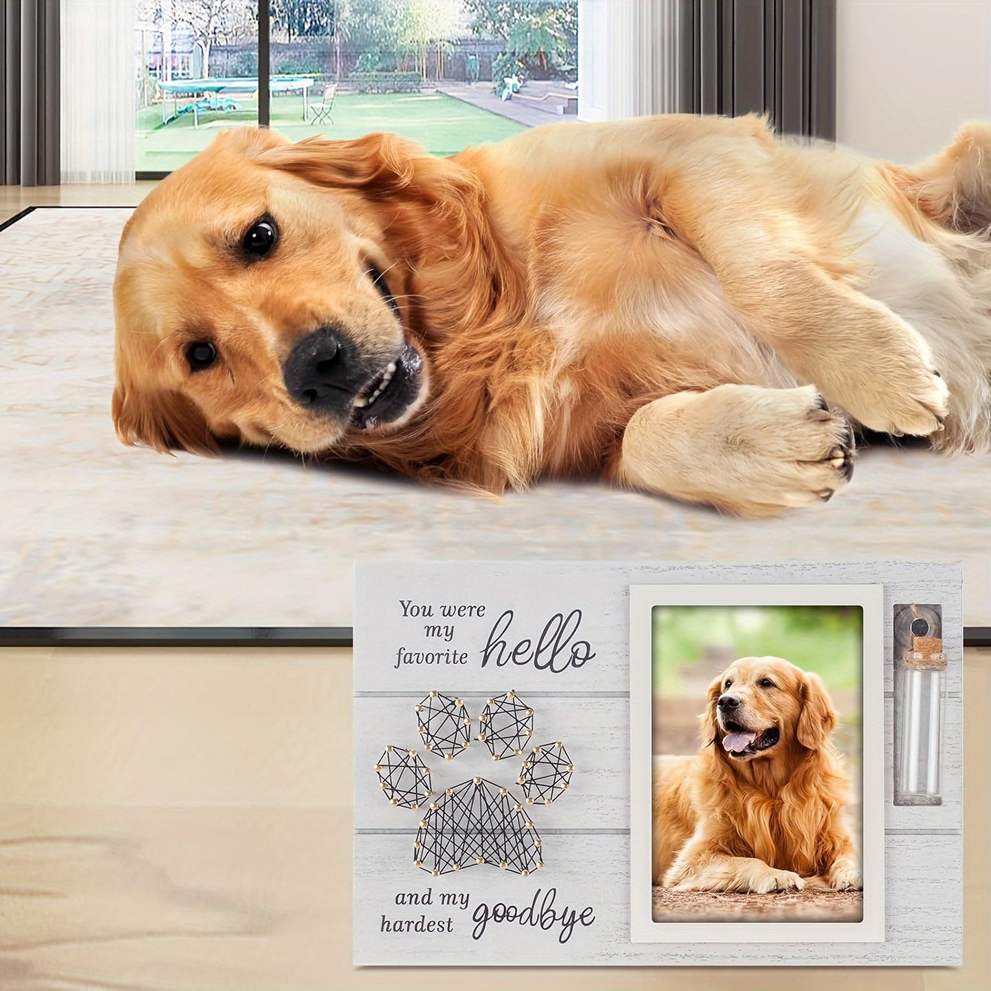 Cadre photo commémoratif en bois pour animaux de compagnie avec empreinte de patte en fil métallique et bouteille en verre pouvant contenir les poils de votre compagnon disparu