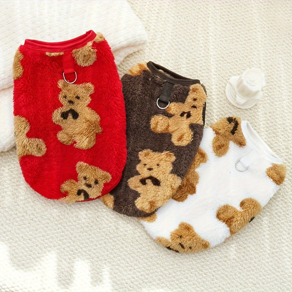 Pull chaud avec motif de petits ours, en peluche tout doux, pour petits chiens, rouge