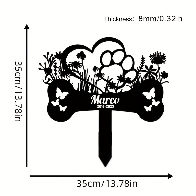 Piquet commémoratif personnalisé sur mesure en forme d'os pour chien avec papillons creux et fleurs, insert métallique à enfoncer dans le sol, nom et dates du chiens