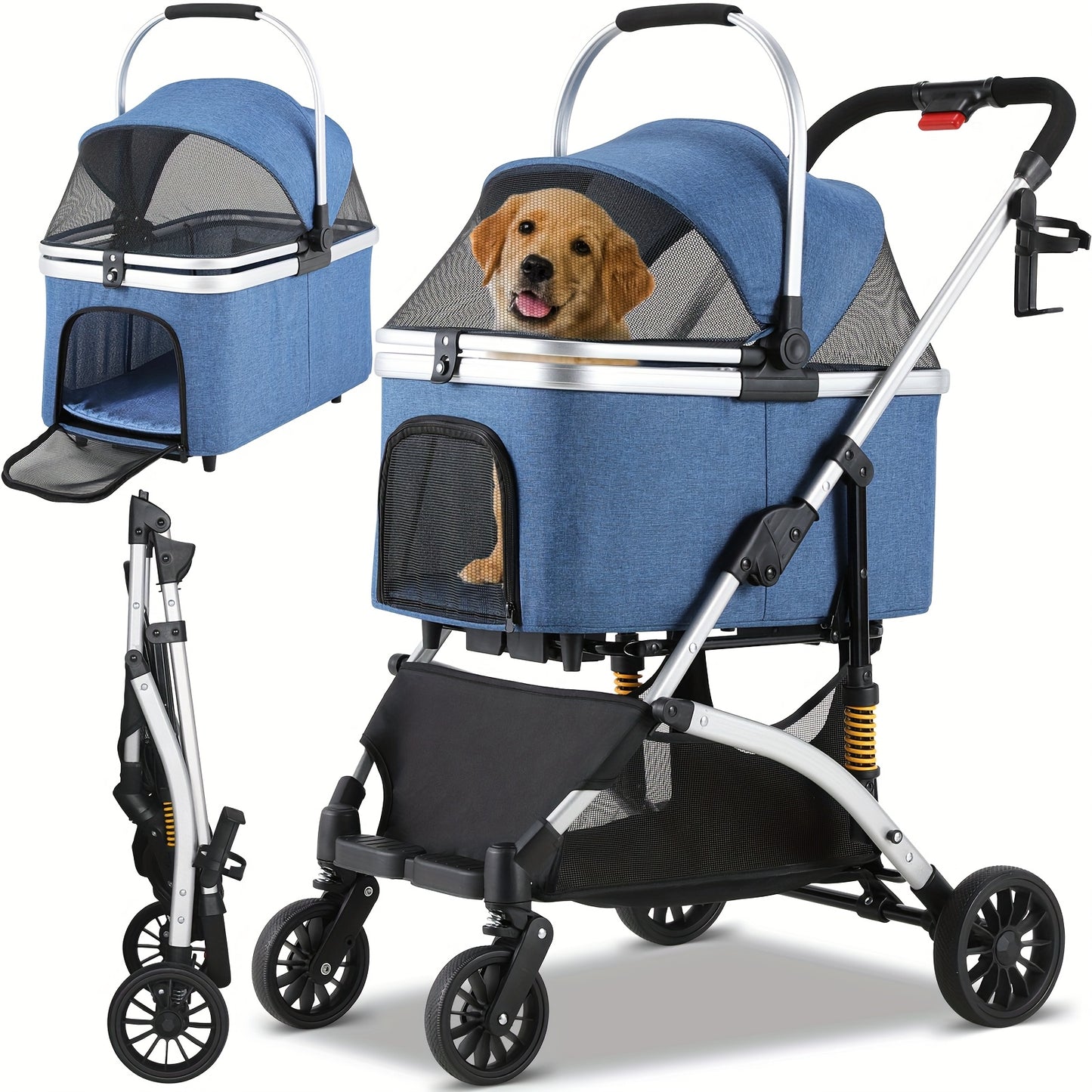Poussette pour chien et chat, conception pliable, poussette 3 en 1 avec panier couvert, fenêtre en filet, porte-gobelet et roues en caoutchouc durables à 360°, idéale pour les longues promenades en extérieur, diverses couleurs