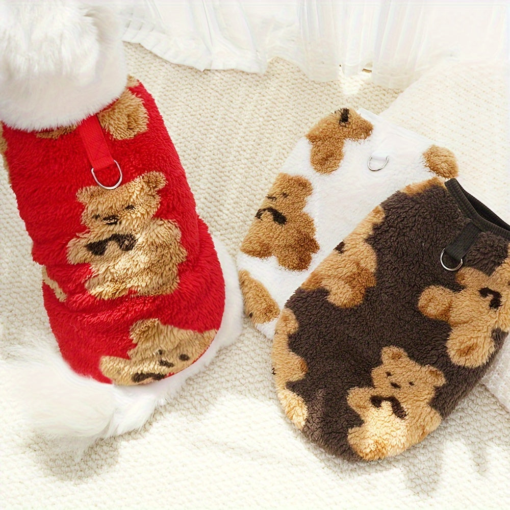Pull chaud avec motif de petits ours, en peluche tout doux, pour petits chiens, rouge