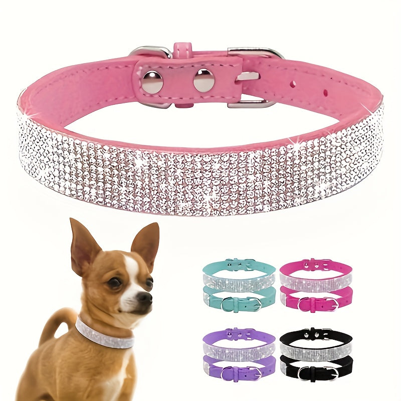 Soft Adjustable Faux Leather Puppy Collar with Rhinestone Cat Pet Pink Collar Set Cute Pet Cat Puppy Collar Dog Leash
