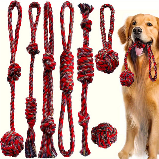 Ensemble de 9 jouets à mâcher résistants pour chiens avec nœuds tressés, cordes extra longues, idéal pour entrainer les chiens qui mâchent agressivement, interactif, rouge & noir