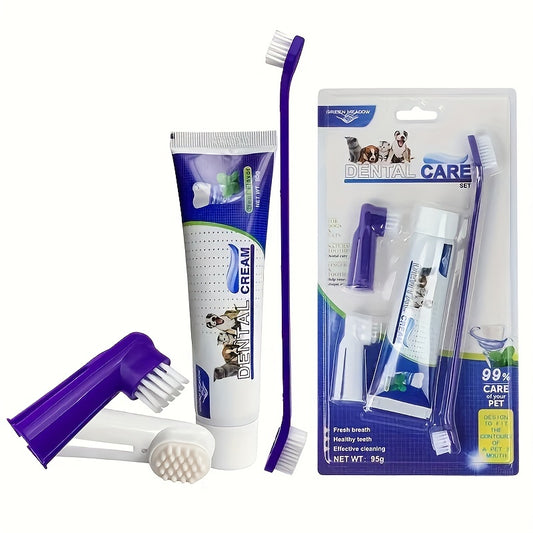 Kit pour soins bucco-dentaires comprenant : brosses à dents, dentifrice, embouts pour doigts et brosses de toilettage. Pour chats et chiens