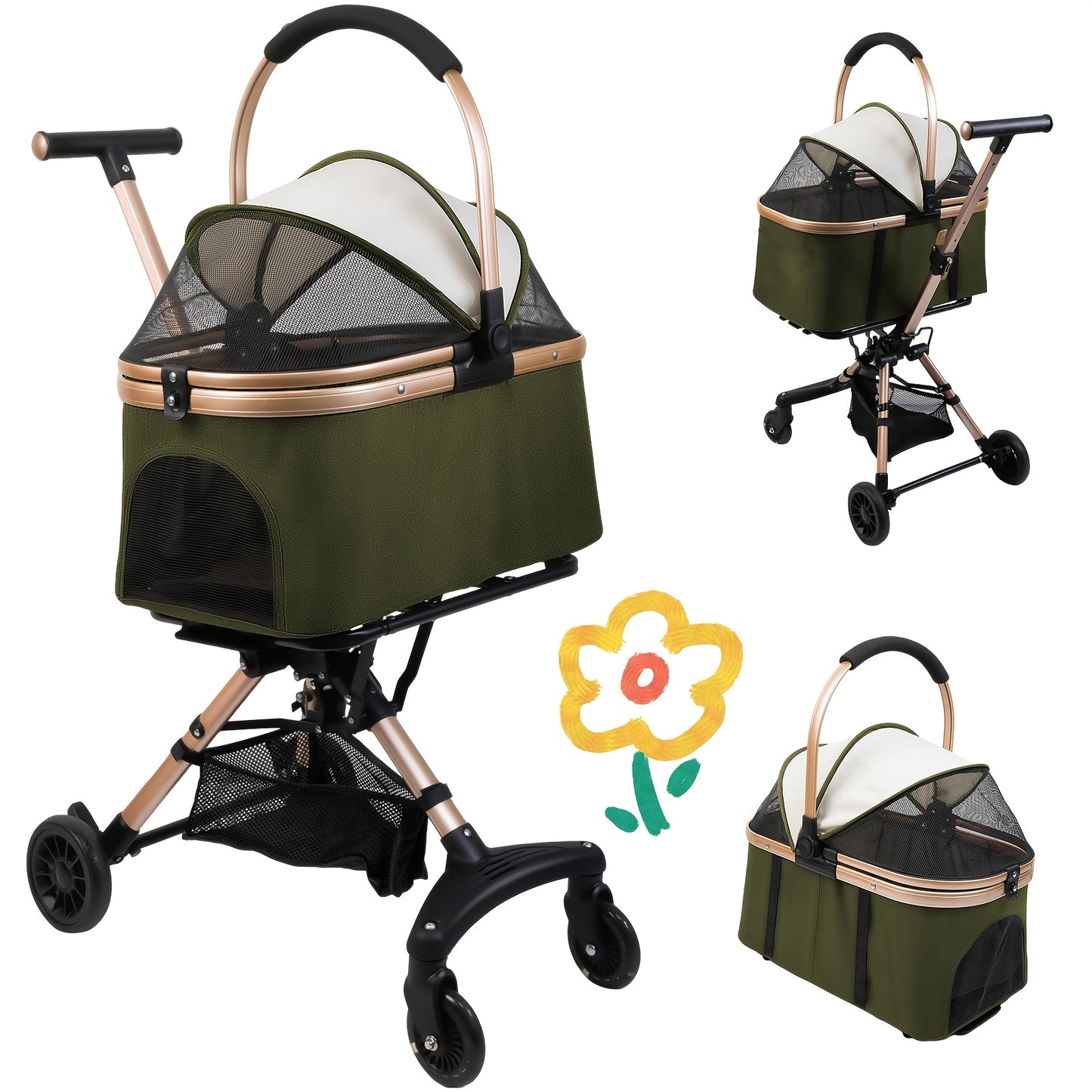 Poussette pliable et confortable, conception entièrement fermée et respirante. Elle est dotée d'un système de pliage à un seul bouton, de roues pivotantes à 360° et de roues directionnelles pour un double plaisir. Diverses couleurs