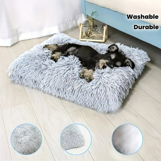 Grand lit douillet pour chats et chiens, épais et chaud avec housse amovible et lavable, surface en peluche gris-blanc, matière polyester douce