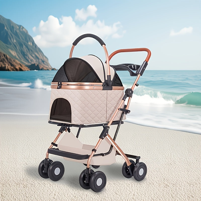 Poussette pour chien et chat 2 en 1, multifonctionnelle avec 4 doubles roues, tout terrain, panier amovible, pliable et compacte, en maille respirante, diverses couleurs