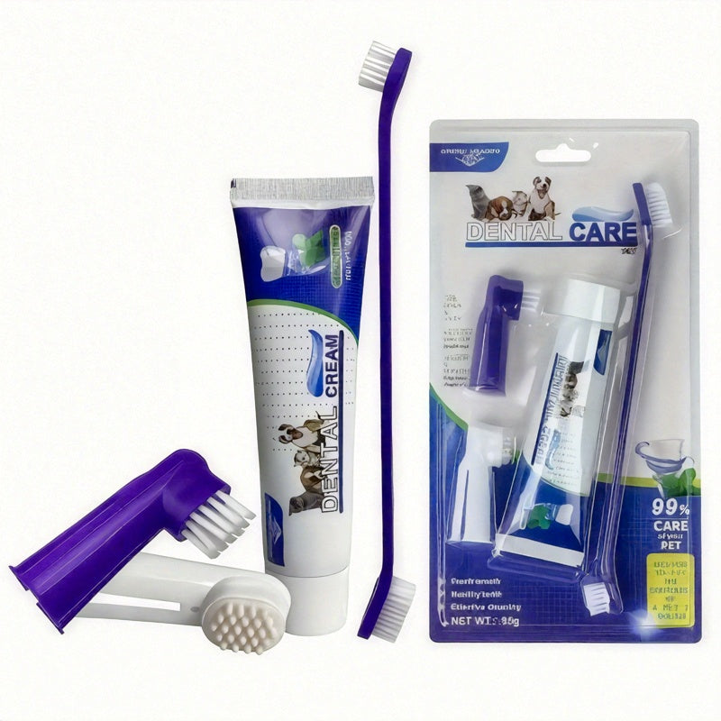 Kit pour soins bucco-dentaires comprenant : brosses à dents, dentifrice, embouts pour doigts et brosses de toilettage. Pour chats et chiens