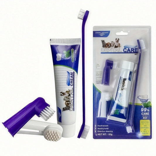Kit pour soins bucco-dentaires comprenant : brosses à dents, dentifrice, embouts pour doigts et brosses de toilettage. Pour chats et chiens