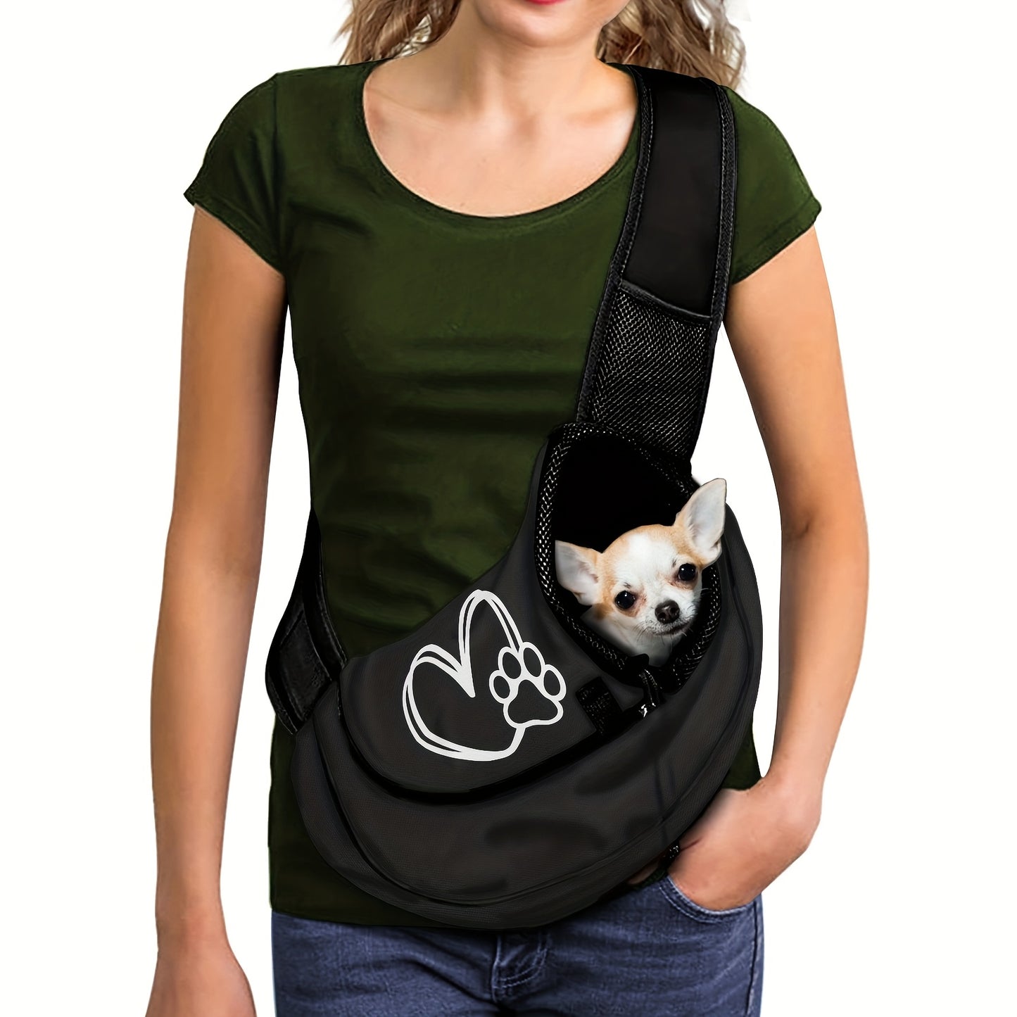 Sac de transport en bandoulière pour petit chien, motif cœur et patte, diverses couleurs